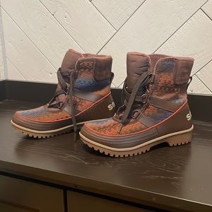 Sorel boots, size 8. Brown with orange, blue and green accent colors.